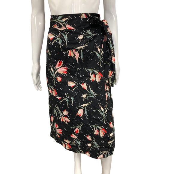 REBECCA TAYLOR Black Multi Cotton Floral Tulip Printed Ikat Wrap Midi Skirt 10 - Picture 3 of 4
